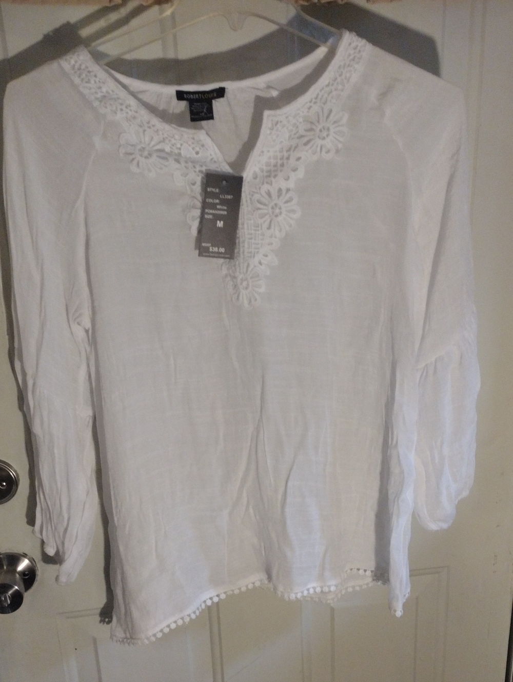Robert Louis White Floral Crochet V-Neck Tunic